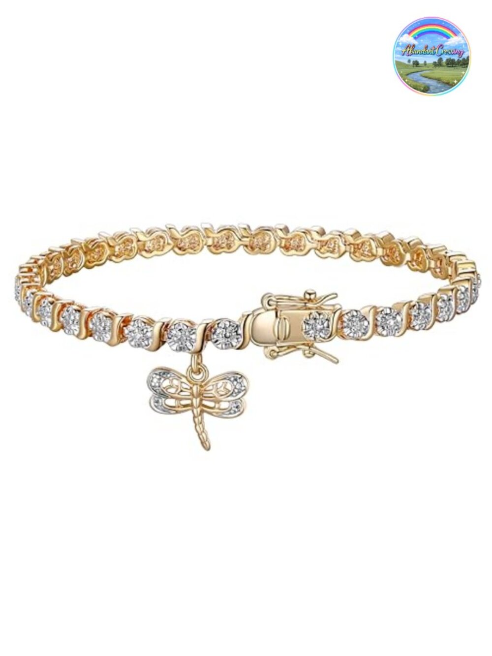 Gold Plated Bronze Dragonfly Charm Diamond Accent Tennis Bracelet 7.25in